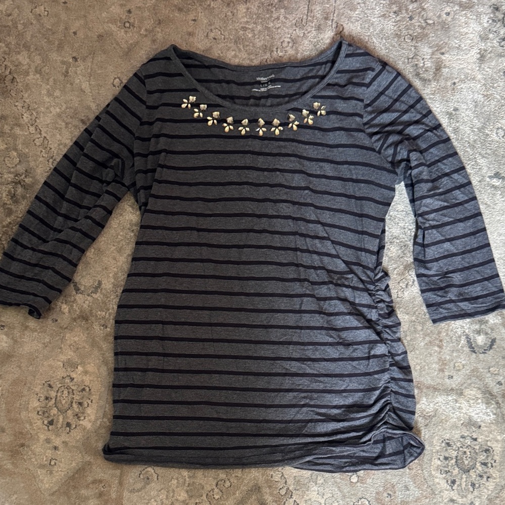Motherhood Charcoal Striped Long Sleeve Top with Embellishments